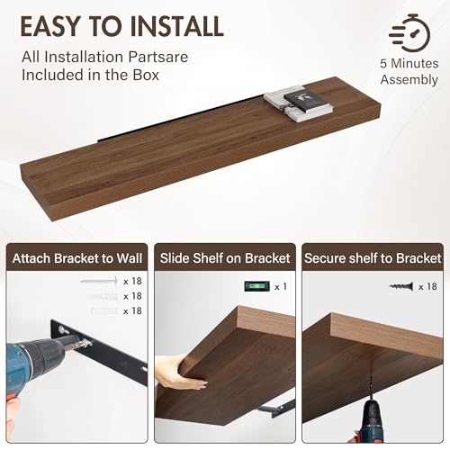 Acovy 55 Inch Floating Shelves, 12" Deep Floating Shelf Wall Mounted, 55" Wall Shelves, Rustic Deep Bookshelf, Extra Deeper & Thicker Display Shelves for Bedroom, Living Room, Set of 1 - color: Walnut, size: 12"Wx55"L-1pc