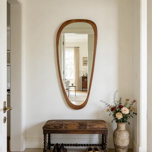 Irregular Asymmetrical Wall Mirror Full Length, 48"x22" Wooden Framed - color: Wood, size: 48"L x 22"W