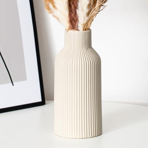 Bohemian Beige Ceramic Vase - for Pampas Grass, Mantel, Bookshelf, Entryway and Living Room Decor (Beige, 7in) - color: Beige, size: 7in-Round