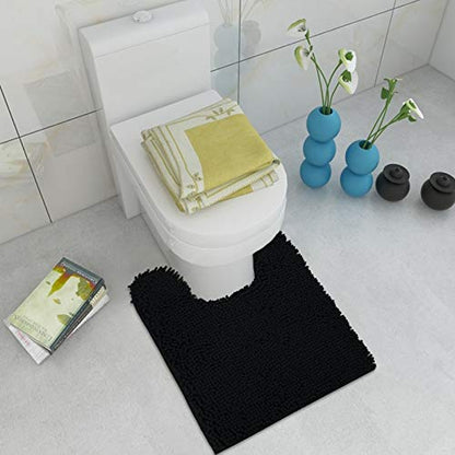 ITSOFT 24"x21" U-Shaped Non-Slip Shaggy Chenille Toilet Contour Bathroom Rug with Water Absorbent, Black - color: Black, size: 24" x 21" (U-Shaped)