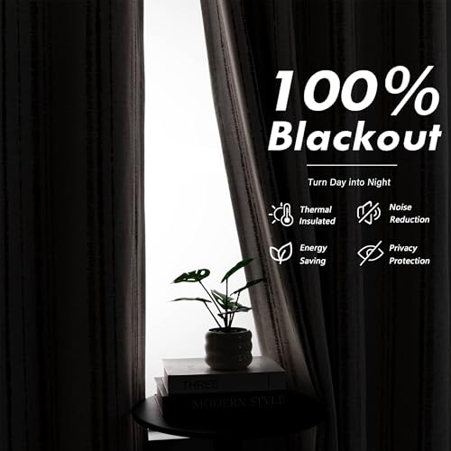 MYSKY HOME Farmhouse Striped Linen Curtains 100% Blackout 52Wx84L,2 Panels - color: Taupe/Blackout, size: 52"W x 84"L (Pack of 2)