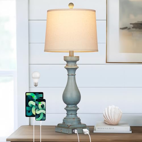 Cinkeda 29" Tall Coastal Lamp,Retro-Blue Vintage Bedside Nightstand Lamps with USB Charging Ports A/C,3-Way Dimmable Touch Control Table Lamps for Bedroom Living Room,Single Blue - color: 1Pack Retro Blue
