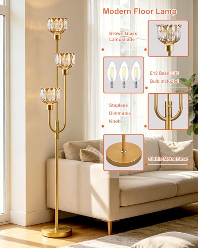 3-Light Glass Floor Lamp 66IN Modern Amber Glass Gold Dimmable Floor Lamps - color: Amber Tulip-Gold