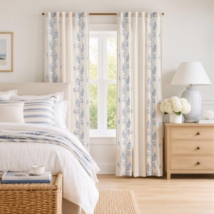 jinchan Linen Curtains 84 Inch Blue Floral Drapes Back Tab 2 Panels Set - color: Blue on Beige, size: 50"W x 84"L (Pack of 2)