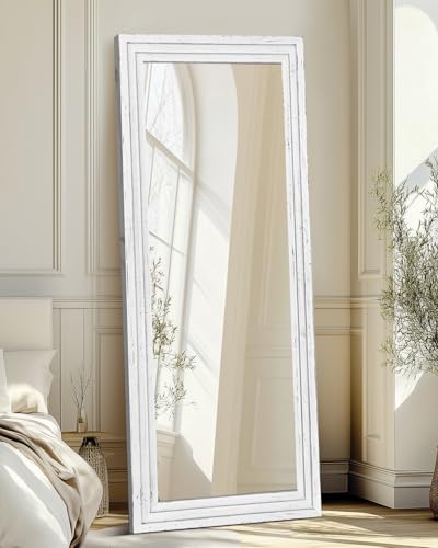 65x24in Full Length Mirror, 3-Tier Stepped Solid Wood Frame, White - color: White, size: 65"L x 24"W
