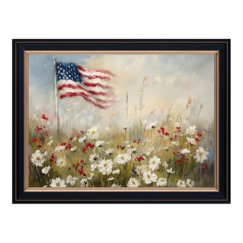 Ripiyome Black Frame Patriotic Flower American Flag Wall Art 4th of July Americana Decor Vintage Rustic Floral Landscape Canvas Print USA Independence Day Poster for Living Room 8X10inch - color: style-4 Black Frame, size: 8"L x 10"W