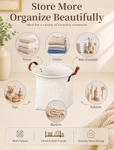 Wicker Storage Baskets, 4 Pack Woven Baskets for Shelves, White - color: Round White