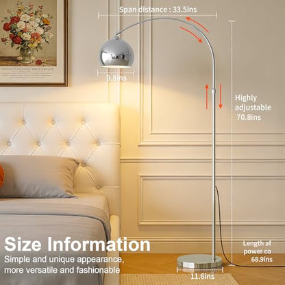 Glossy Chrome Silver Arc Floor Lamp with 12W LED Remote Dimming - color: Silver Remote Dimming