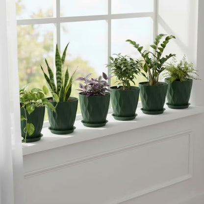 8 Inch Plastic Plant Pots for Plants with Drainage Holes and Saucer, 6 Pack - color: Deep Green 8 Inch