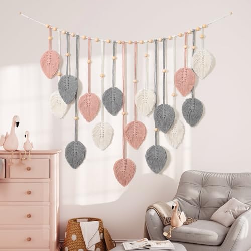 Betylifoy Macrame Wall Hanging Boho Pink Leaves Tapestry Wall Art Decor - color: Pink