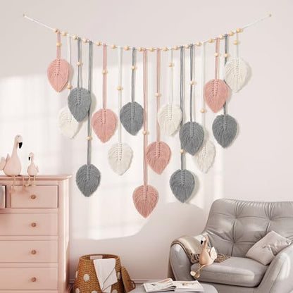 Betylifoy Macrame Wall Hanging Boho Pink Leaves Tapestry Wall Art Decor - color: Pink