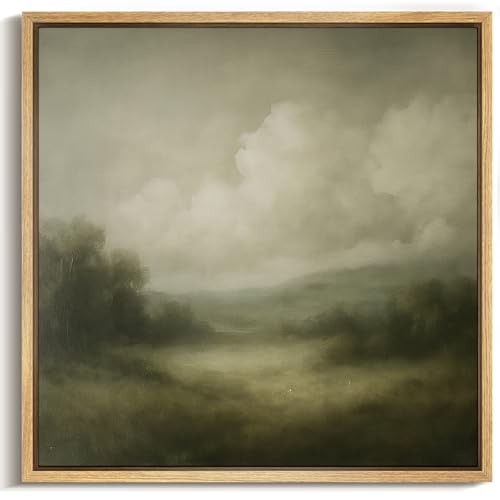 MUDECOR Framed Canvas Print Wall Art Peaceful Cloudy Meadow in Soft Green Tones Illustrations Modern Art Group Colorful for Living Room, Bedroom, Office - 16"x16" Natural - color: B09-2507-sar13, size: 16"L x 16"W