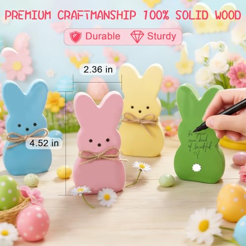 Easter Spring Decorations for Home – 4 Pcs Wooden Bunny Table Decor, Wood Rabbit Tabletop Signs with Jute Bows for Tiered Tray Mantel Shelf Office Easter Party Supplies