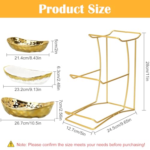 Fruit Bowl for Kitchen Counter, 3 Tier Gold Trim Ceramic Fruit Stand Basket for Countertop, Fruiti and Vegetable Rack with Thickened Metal Holder, Vegetable Dessert Nuts Storage (Gold) - color: Gold