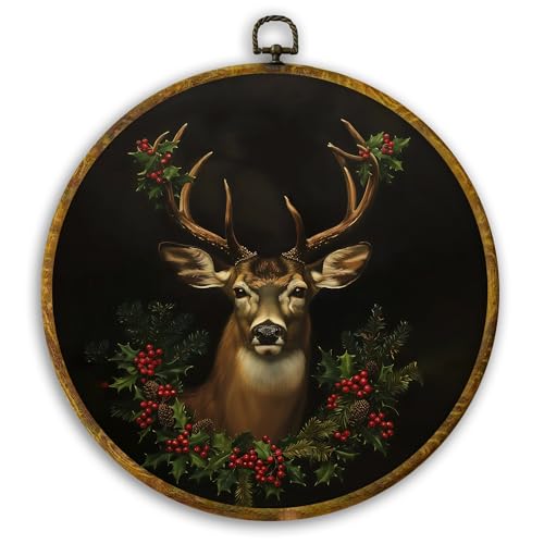 CUANFDDSF Vintage Christmas Reindeer Round Wall Art Decor, Rustic Dark Moody Xmas Reindeer Holiday Wall Hanging Frame Decor, Gothic Christmas Canvas Prints Decorations for Home Bedroom, 10x10 Inch - color: Colour 18