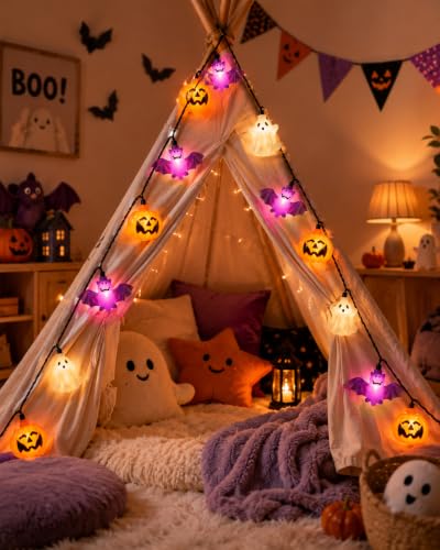 8.5FT Halloween Pumpkin Bat Ghost Lights, Plug-in 10 LED Decor - color: Pumpkin Ghost Bat Lights