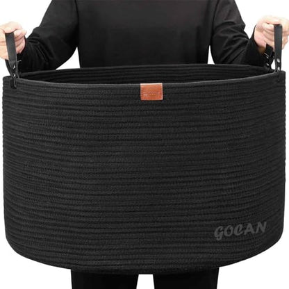 Cotton Rope Woven Laundry Basket 22"X 22"X 14" with handles (Pure Blk) XXXL - color: Pure black