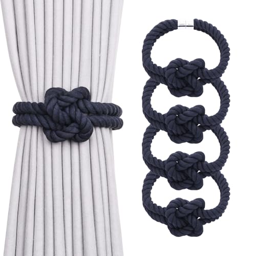 NICEEC Natural Cotton Rope Magnetic Curtain Tiebacks, 4 Pack, Dark Blue - color: Dark Blue, size: 4 Pack