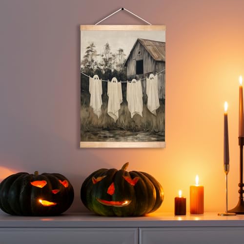 Vintage Halloween Ghost Linen Canvas Wall Art 18.5x14 Inch, Farmhouse Barn Wall Hanging Poster, Spooky Fall Decor, Retro Gothic Haunted House Theme Wall Poster for Living Room Bedroom (BLK08) - color: BLK08