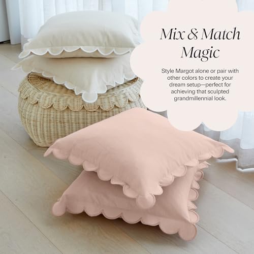 BEBE BASK Scalloped Pillow Cover Set of 2, 18x18, Cotton - Natural - color: Natural/White