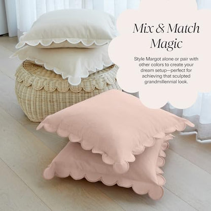 BEBE BASK Scalloped Pillow Cover Set of 2, 18x18, Cotton - Natural - color: Natural/White