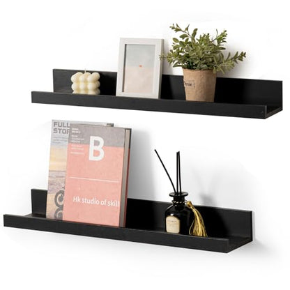 Muzilife 24" Wood Floating Shelves Wall Shelf with Lip, 2Pcs, Black - color: Black, size: 24"