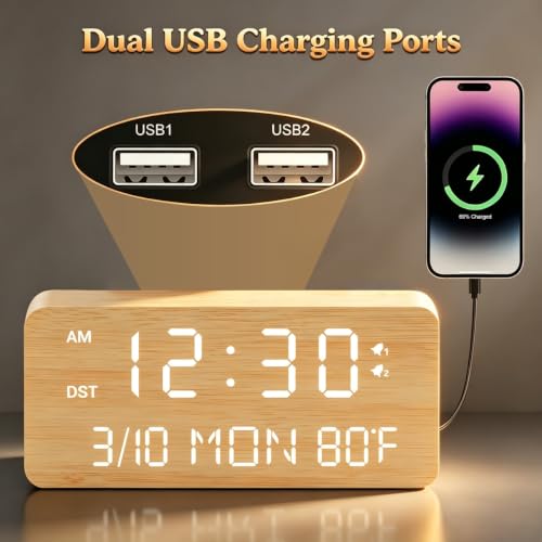 Andoolex Wooden Digital Alarm Clock with Wireless Charging, 0-100% Adjustable Brightness Dimmer and Alarm Volume, Weekday/Weekend Mode, Dual Alarm, Snooze, 12/24H, Wood LED Clock for Bedroom (Bamboo) - color: Bamboo