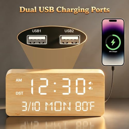 Andoolex Wooden Digital Alarm Clock with Wireless Charging, 0-100% Adjustable Brightness Dimmer and Alarm Volume, Weekday/Weekend Mode, Dual Alarm, Snooze, 12/24H, Wood LED Clock for Bedroom (Bamboo) - color: Bamboo