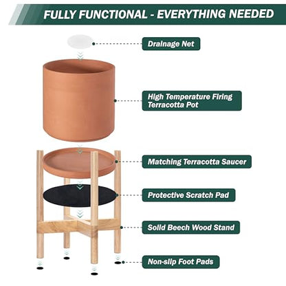 D'vine Dev Terracotta Pot with Natural Wood Stand, 8 in, 55-B-N-5 - color: Terracotta Pot + Natural Stand, size: 8 Inch
