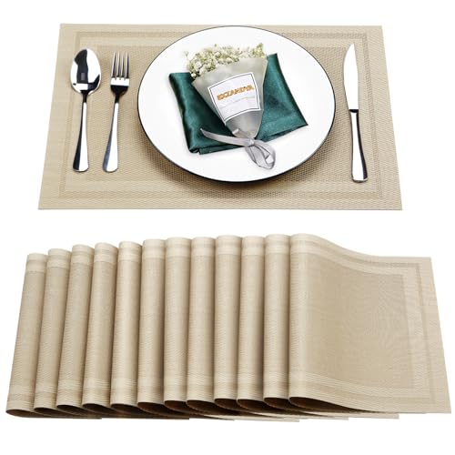 Beige Vinyl Placemats Set of 12,Washable Dining PVC Table Mats - color: Beige, size: 12PCS 12"Wx18"L