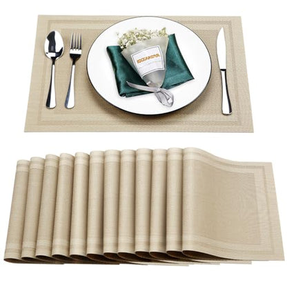Beige Vinyl Placemats Set of 12,Washable Dining PVC Table Mats - color: Beige, size: 12PCS 12"Wx18"L