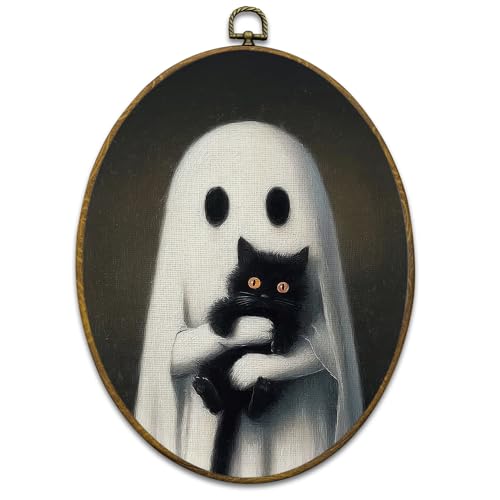 Mcehtle Ghost And Cat Halloween Wall Art Decor, Dark Academia Halloween cottagecore Framed Canvas Prints 8.6x11.4, Black Cat Lover Gift Round Wall Hanging Artwork Decorations for Bedroom Gallery - color: Colour 18