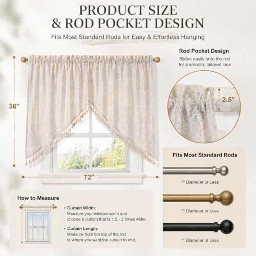 Beda Home Tassel Linen Textured Swag Curtain Valance, Nature, 36 x 36 in - color: Nature, size: 36"W x 36"L (Pack of 2)