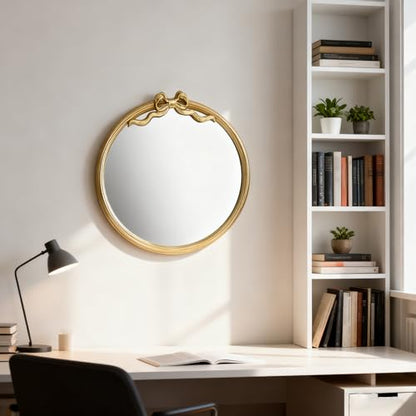 15.75" Gold Bow Decorative Round Mirror, Metal Frame Hanging Circle Mirror, Wall Mounted for Entryway, Bathroom, Vanity, Living Room