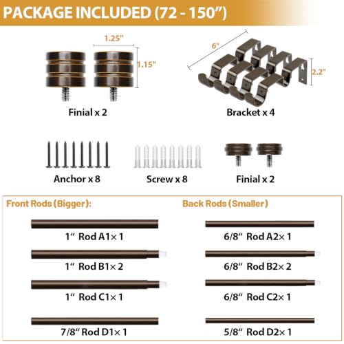 TONIAL 1 Inch Double Curtain Rods for Windows, 72 to 144 Inch, Bronze - color: Bronze, size: 72-144"