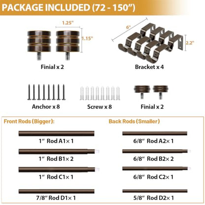 TONIAL 1 Inch Double Curtain Rods for Windows, 72 to 144 Inch, Bronze - color: Bronze, size: 72-144"