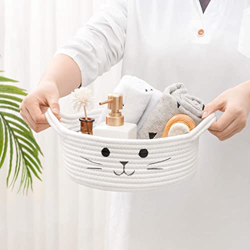 Small Woven Rope Cat Toy Basket with Cat Face Design, White - color: White, size: 9.8"W x 4"H