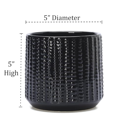 Ceramic Planter Pot with Drainage Hole, 5 Inch Dia, Indoor and Outdoor, Home Patio Garden, Plants&Flowers, Textured Round (Black) - style: Textured Round-Black