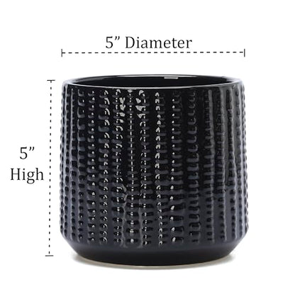 Ceramic Planter Pot with Drainage Hole, 5 Inch Dia, Indoor and Outdoor, Home Patio Garden, Plants&Flowers, Textured Round (Black) - style: Textured Round-Black