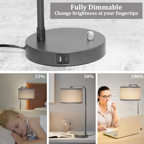 Gray Bedside Lamp with USB C+A Ports, Fully Dimmable Modern Nightstand Lamp - color: Metal Gray Base with Gray Shade