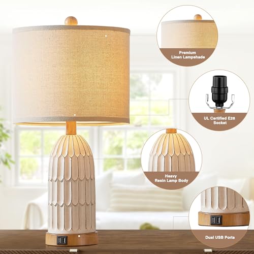 Cinkeda Farmhouse Table Lamps Set of 2,Nightstand Bedside Lamps for Bedroom - color: Cream