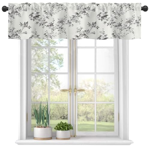Valances Curtains for Windows,Gray Retro Flowers and Branches Semi Sheer Curtain Valances, Rod Pocket Short Window Treatment Light Filtering Decor Valances for Kitchen Bedroom - 42"x12" - color: Gray Retro Flowers and Branches, size: 12"W x 42"L (Pack of