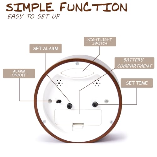 Wooden Analog Alarm Clock Silent Non-Ticking Desk Clock Battery Operated Table Clock with Nightlight for Bedroom,Children's Room, Living Room,Brown(4Inch) - color: Brown Wood