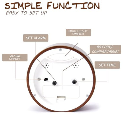 Wooden Analog Alarm Clock Silent Non-Ticking Desk Clock Battery Operated Table Clock with Nightlight for Bedroom,Children's Room, Living Room,Brown(4Inch) - color: Brown Wood