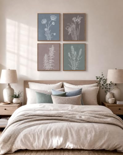 InSimSea Framed Botanical Wall Art, 4 Piece Boho Floral Line Prints - color: Botanical Line Sketch Set