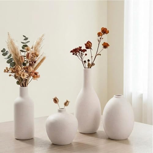 Ceramic Vase Set of 4 – Modern Farmhouse Decorative Vases for Home Decor, Minimalist Matte Pottery Vases for Flowers, Pampas Grass, Table Centerpiece, Mantel, Shelf & Entryway (Beige) - color: 09 Beige White