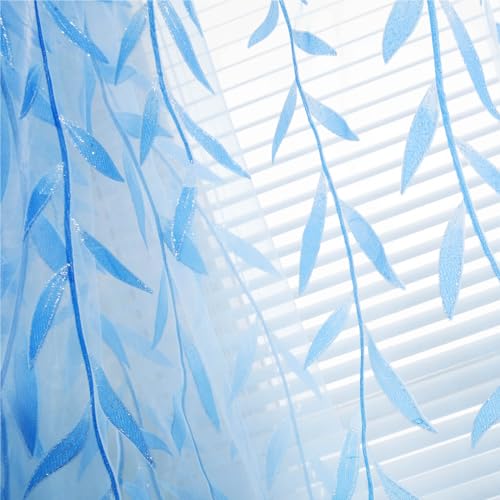 Ufurty 2pcs Willow Leaf Window Curtain Voile Tulle Vine Sheer Curtains - color: Blue Leaf, size: 39.4"W x 78.7"L (Pack of 2)