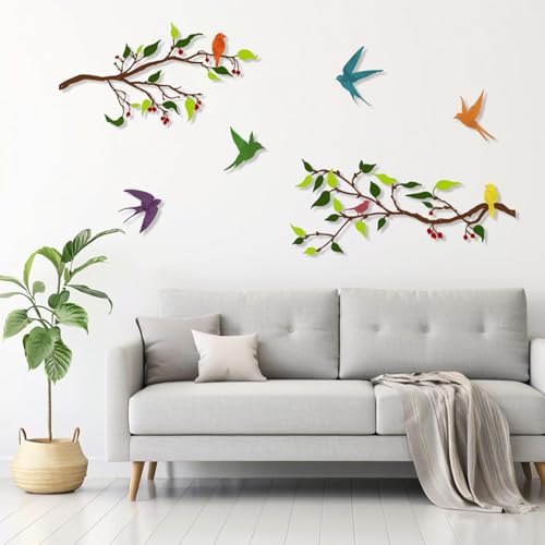 Harikikochuu 4 Pieces Large Birds on Branch Metal Wall Art Decor Bird Silhouette Wall Art Metal Leaves with Swallow Bird Outdoor Wall Art for Balcony Garden Patio Decor (Colorful B) - color: Colorful B