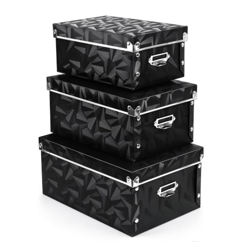 XUCHUN Foldable Storage Boxes with Lids 3 Pack Plastic Collapsible Storage Bins with Handles for Clothes, Cosmetic,Books - color: Black 3 pcs