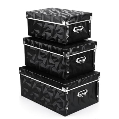 XUCHUN Foldable Storage Boxes with Lids 3 Pack Plastic Collapsible Storage Bins with Handles for Clothes, Cosmetic,Books - color: Black 3 pcs